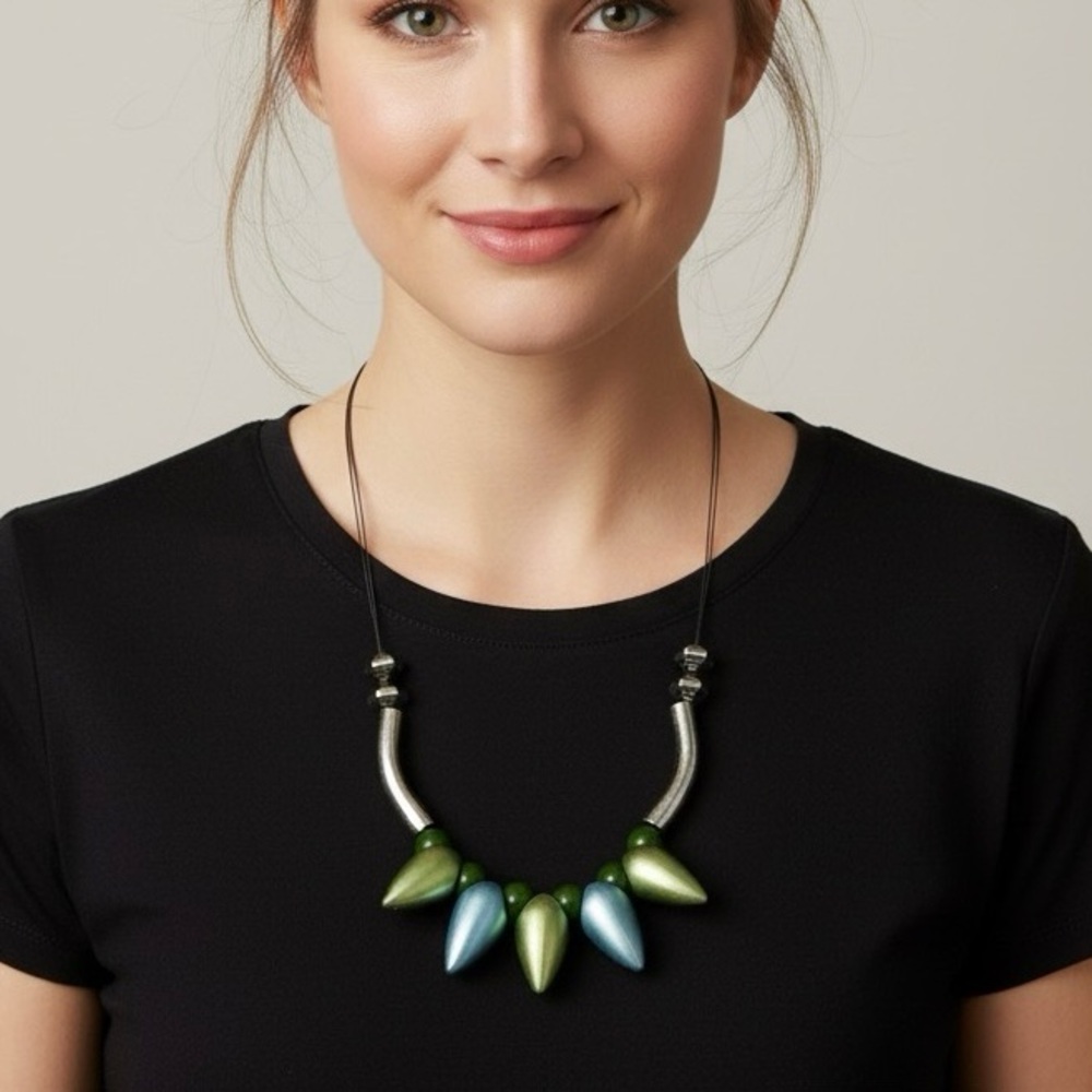 Abstract Mod Spike Bead Collar Silver Tone Cord Necklace with Toggle Closure